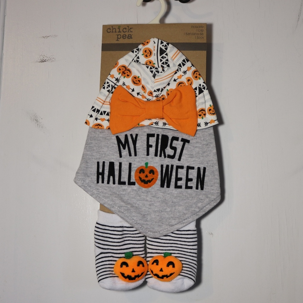 Chick Pea Halloween Cap, Bandana Bib, and Socks
